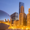 City skyline and reflection in mirror at sunset, Chicago, IL