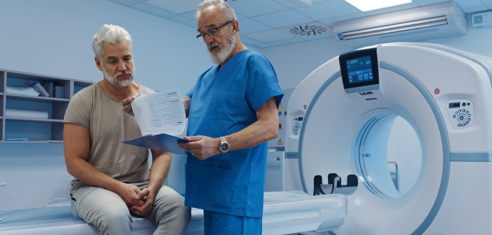 A doctor explains CT scan results.