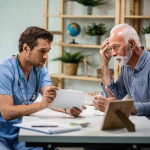 Worried senior patient and his doctor using touchpad during medical appointment