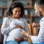 Pregnant african american woman visiting doctor gynecologist