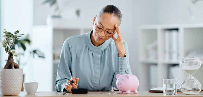 Debt, broke and financial crisis for a business woman frustrated and stressed without money.