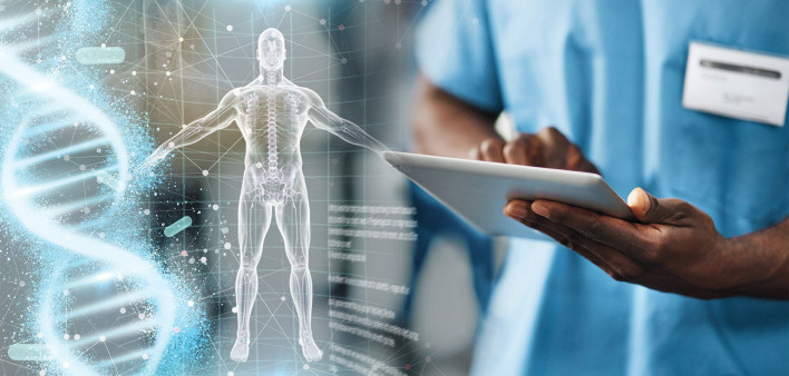 healthcare worker using an ipad and illustration of human body projected