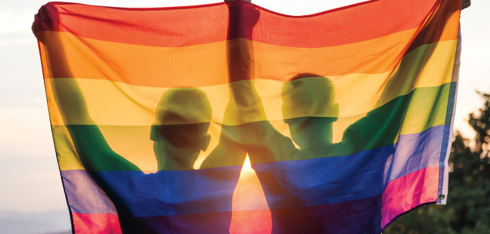 Silhouette of guys holding up pride flag gay