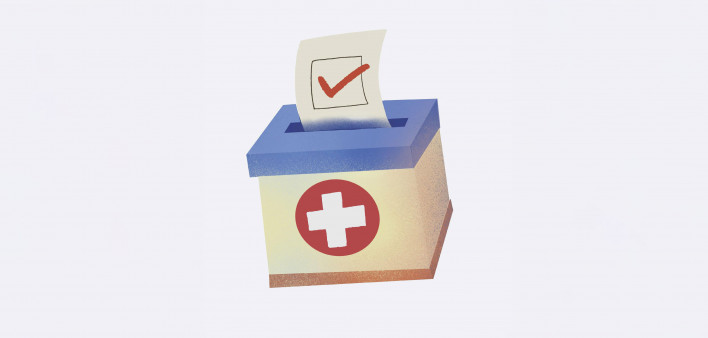 Illustration of vote going into a voting box with a medical cross