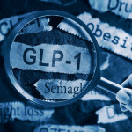 GLP-1 related drugs newspaper headlines with hand and magnifying glass stock photo Glucagon-like peptide-1, Medicine, Dieting, Semaglutide, Obesity