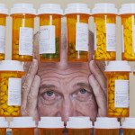 Depressed Senior Man Looking Through Rows of Prescription Medication