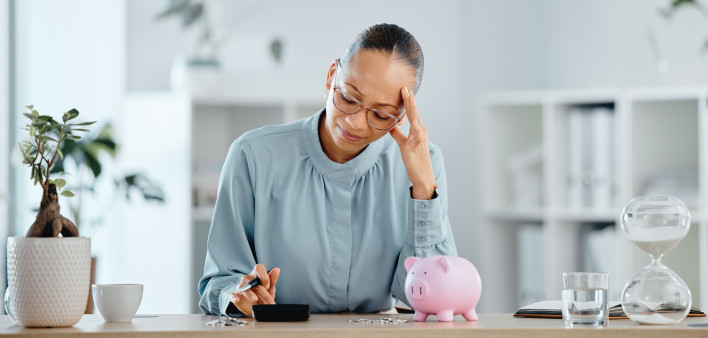 Debt, broke and financial crisis for a business woman frustrated and stressed without money.