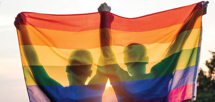 Silhouette of guys holding up pride flag gay