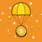 dollar coins on parachutes and stars illustration