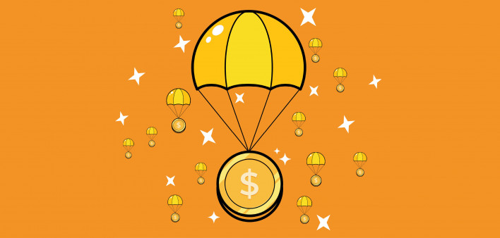 dollar coins on parachutes and stars illustration