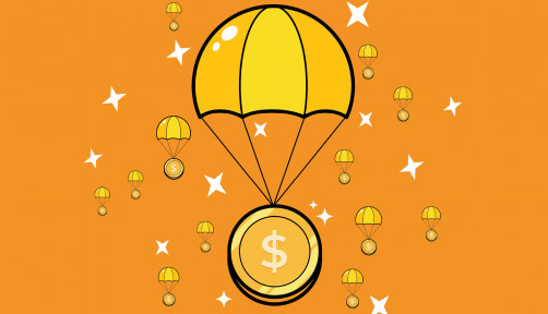 dollar coins on parachutes and stars illustration