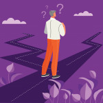 Businessman with two roads. Man evaluates both options.