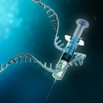 Coronavirus or sars-cov-2 virus cell with messenger RNA or mRNA and syringe