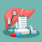 tiny doctor character diagnoses liver. vector illustration.