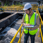 Engineer take water from wastewater treatment pond to check the quality of the water. After going through the wastewater treatment process