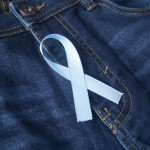 Prostate Cancer Awareness, light Blue Ribbon on male jeans