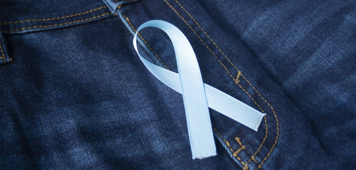 Prostate Cancer Awareness, light Blue Ribbon on male jeans