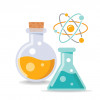 Chemistry laboratory equipment with laboratory flask and beaker. Atom icon, modern chemistry and molecular force. Laboratory equipment with atomic nucleus