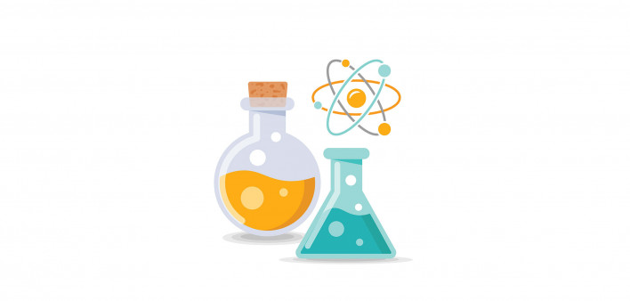 Chemistry laboratory equipment with laboratory flask and beaker. Atom icon, modern chemistry and molecular force. Laboratory equipment with atomic nucleus