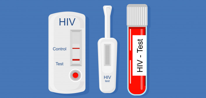 Express HIV self-test kit illustration with Laboratory tube with blood.Different types of medical tools