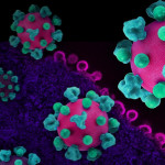 Layout featuring colorized 3D prints of HIV virus particles (pink with teal surface proteins) and a background image that is a colorized transmission electron micrograph of HIV virus particles (pink) budding and replicating from an H9 T cell (purple). Mic