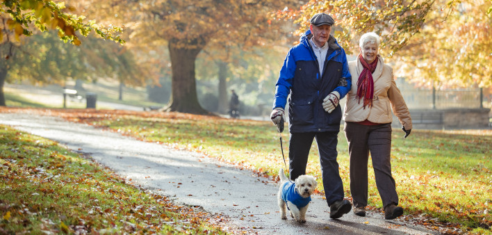 Senior couple are walking their dog through a public park in Autumn.