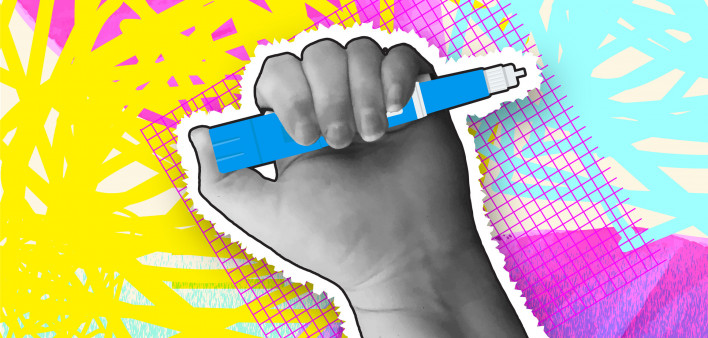 Collage style hand holding semaglutide Injection Pen cost or money concept with textures and vibrant colors stock illustration Semaglutide, Dieting, Injecting, Illustration, Medical Injection