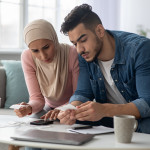 Confusded lady in hijab and her upset husband with bills