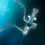 Coronavirus or sars-cov-2 virus cell with messenger RNA or mRNA and syringe