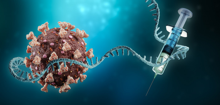 Coronavirus or sars-cov-2 virus cell with messenger RNA or mRNA and syringe