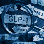 GLP-1 related drugs newspaper headlines with hand and magnifying glass stock photo Glucagon-like peptide-1, Medicine, Dieting, Semaglutide, Obesity
