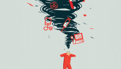 illutration man and tornado over his head with object swirling around