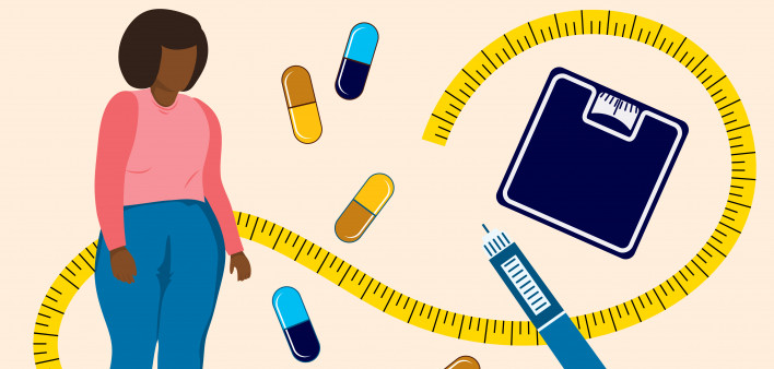 Woman Weight Loss Concept. Semaglutide medication with medication and measuring tape
