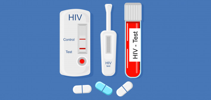 Express HIV self-test kit illustration with Laboratory tube with blood.Different types of medical tools