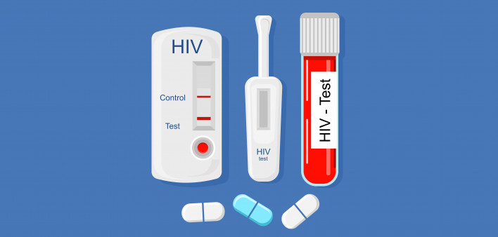 Express HIV self-test kit illustration with Laboratory tube with blood.Different types of medical tools