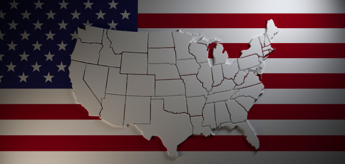 Map of United States of America on national flag background