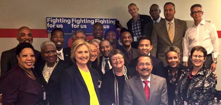 Hillary Clinton meets with AIDS activists at her campaign headquarters in Brooklyn, NY.