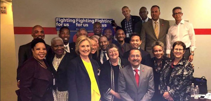 Hillary Clinton meets with AIDS activists at her campaign headquarters in Brooklyn, NY.