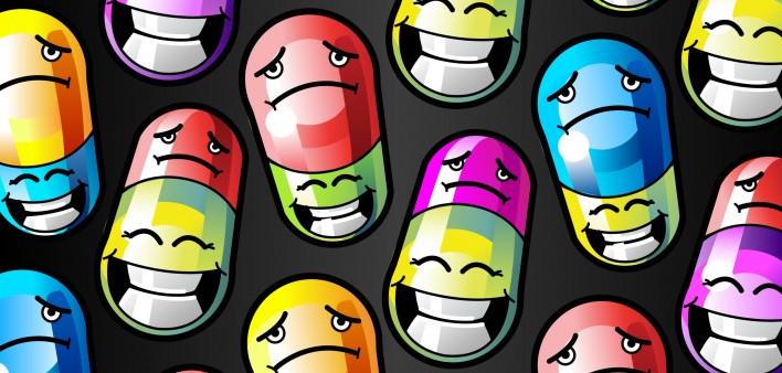 illustration of colorful pills with smile and frown faces