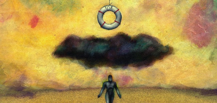 illustration of life preserver hanging over a black cloud and dark figure