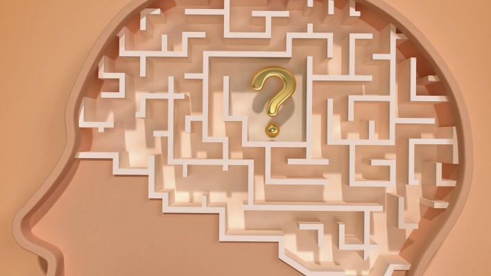 an illutration of a head with a maze for a brain with a question mark in the center