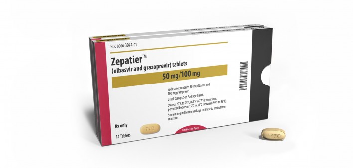 HCV drug Zepatier package and pill 