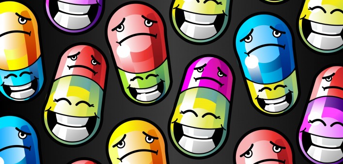 illustration of colorful pills with smile and frown faces
