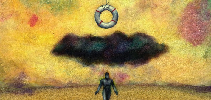 illustration of life preserver hanging over a black cloud and dark figure