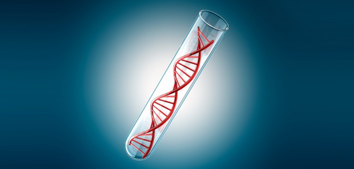 DNA in a test tube against a blue background