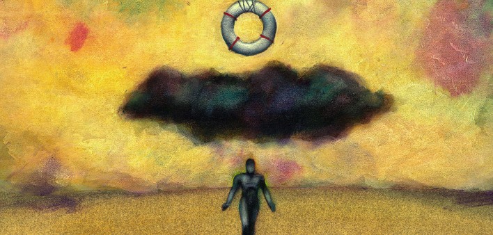 illustration of life preserver hanging over a black cloud and dark figure