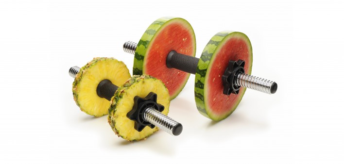dumbell weights made with pineapple and watermelon slices