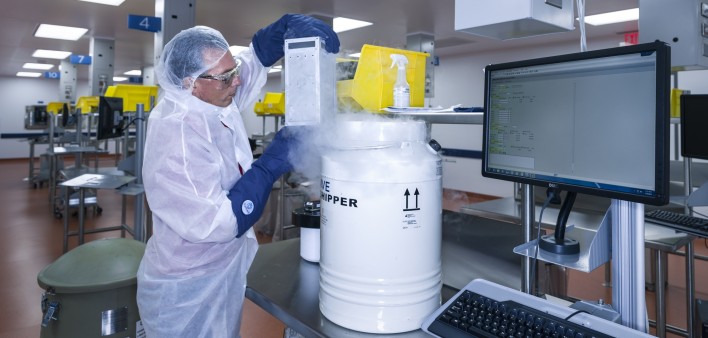 A patient’s T cells arrive at the Novartis manufacturing facility in Morris Plains, where they will be re-engineered to recognize and fight cancer and healthy cells expressing a specific antigen in the patient’s body. 