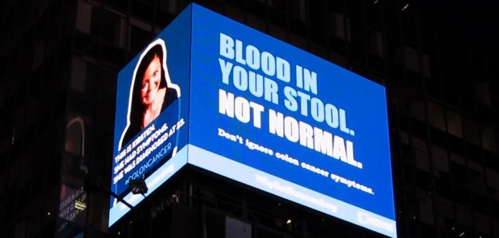 Through January 15, 2018, this video message will play in Times Square to teach young people about the signs and symptoms of colorectal cancer