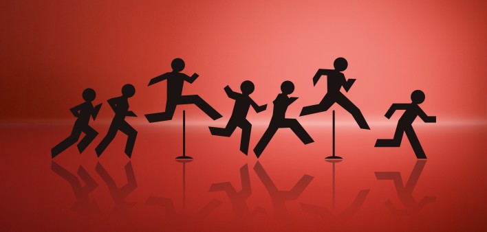 an illustration of cut out figures jumping over hurdles